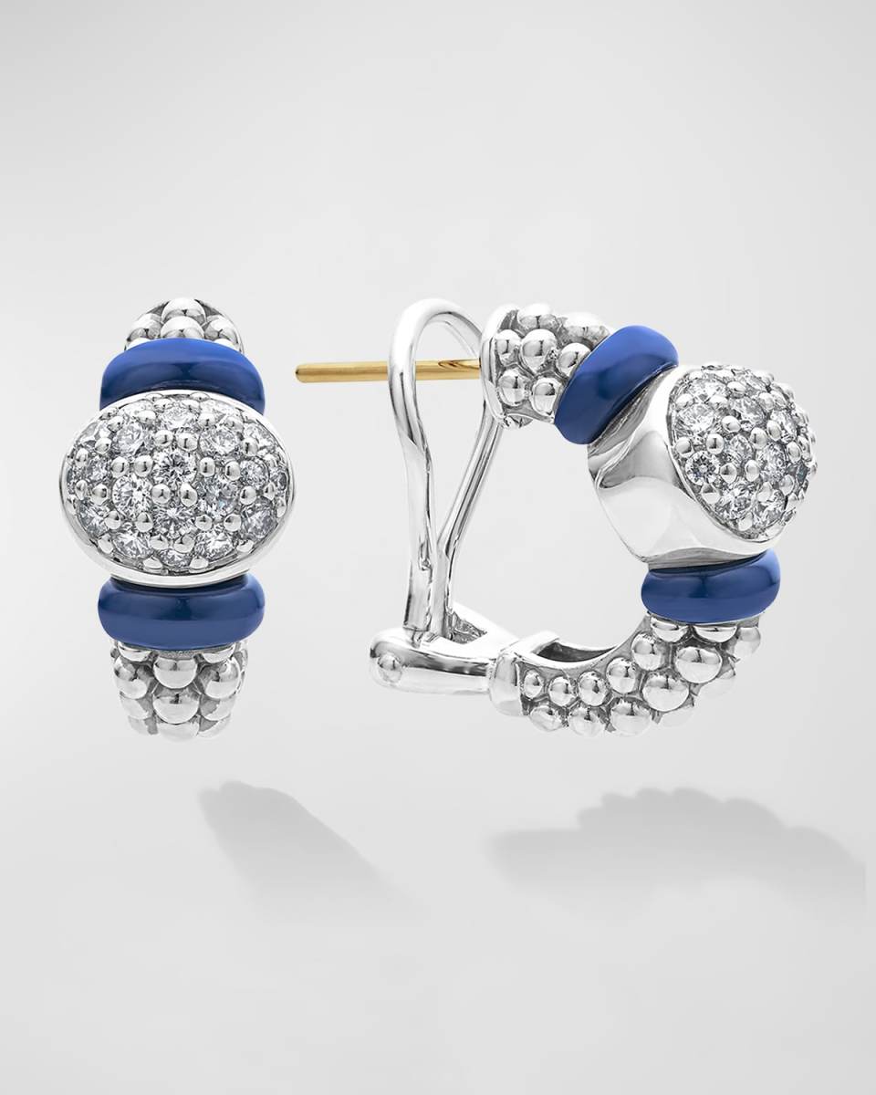 Blue Caviar Marine Ceramic and Diamond Oval Pave Hoop Earrings